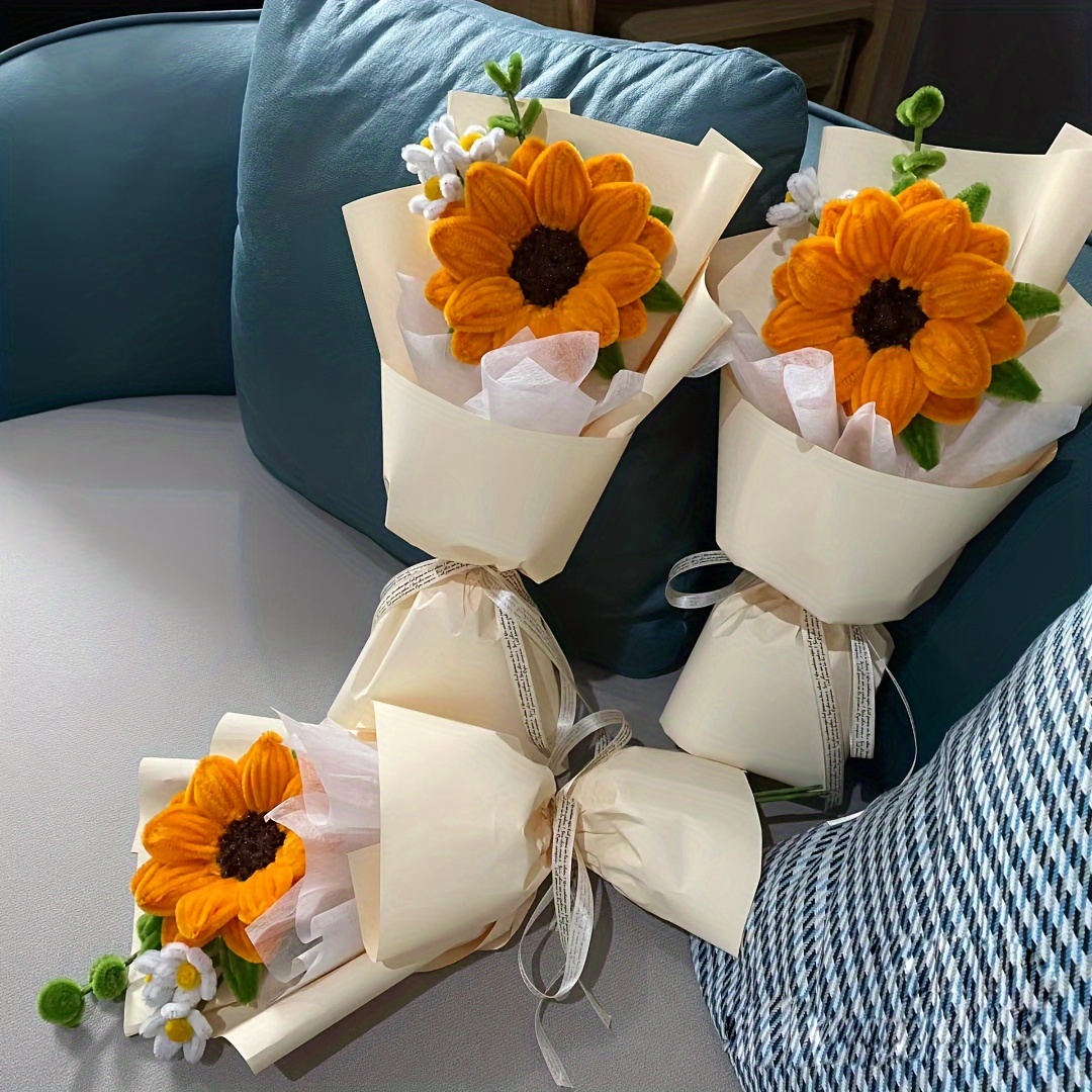 Pipe Cleaners Flower Craft Kit - 150 Pcs Sunflower Set With Wrapping Paper, Ribbon & Wire For DIY Bouquets