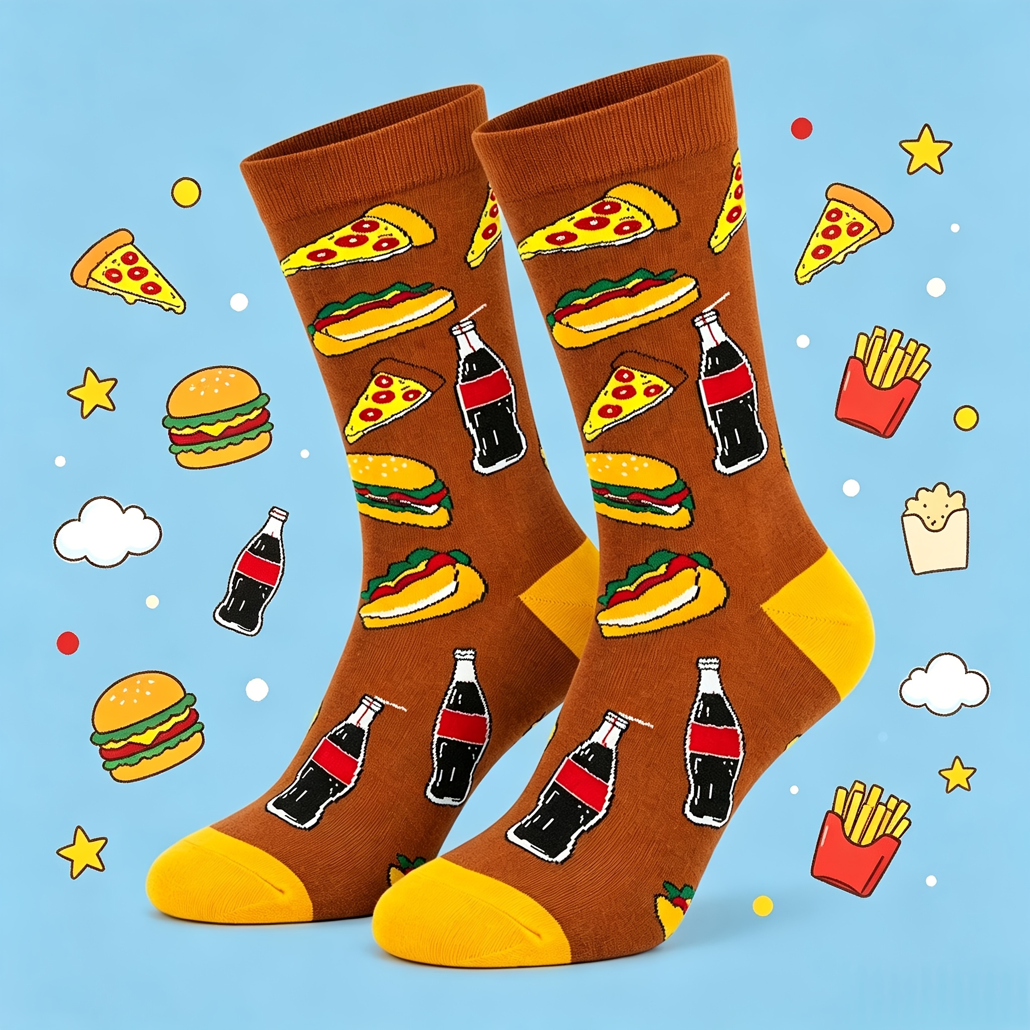TEMU 1 Pair Men's & Women's Hot Dog Soda Themed Crew Socks - Fun Food Cartoon Patterns, Breathable Comfortable Novelty Socks Suitable For Parties,