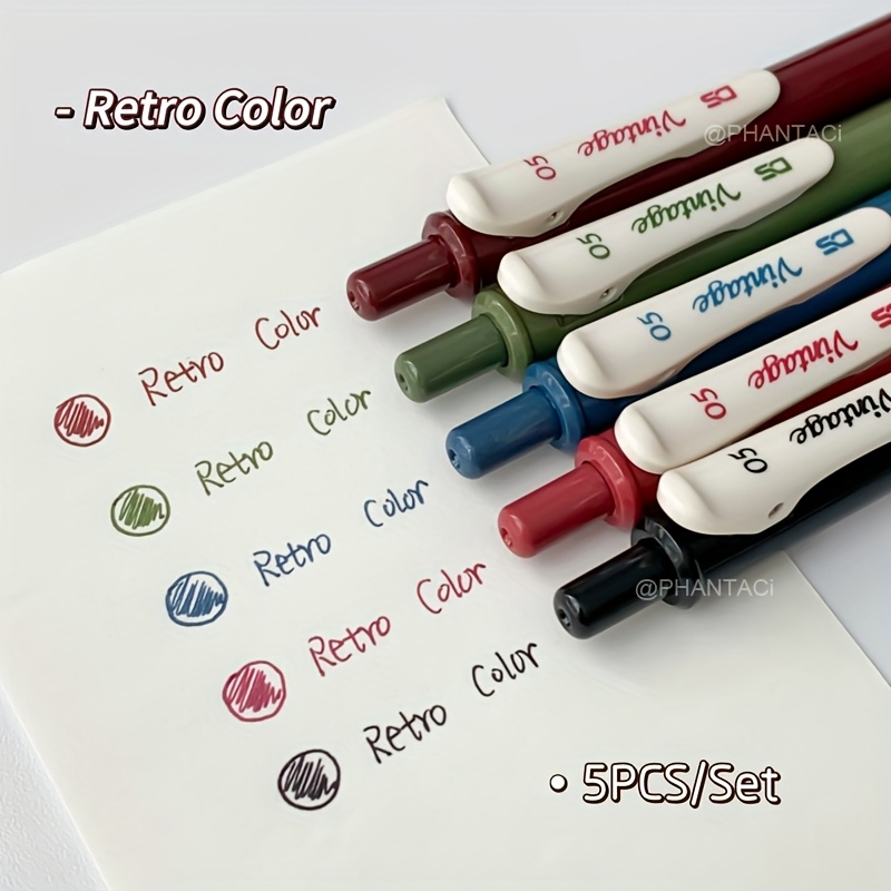 TEMU 5-pack Vintage Colored Gel Pens, 0.5mm Writing Pens, Drawing Markers, Click Pens