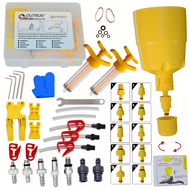 

Outrun Professional Hydraulic Disc Brake Oil Bleed Kit, Compatible With Shimano, Sram, Avid, Tektro, Magura, Hayes Brakes, Comprehensive Tool Set With Funnels, Connectors, And Fittings