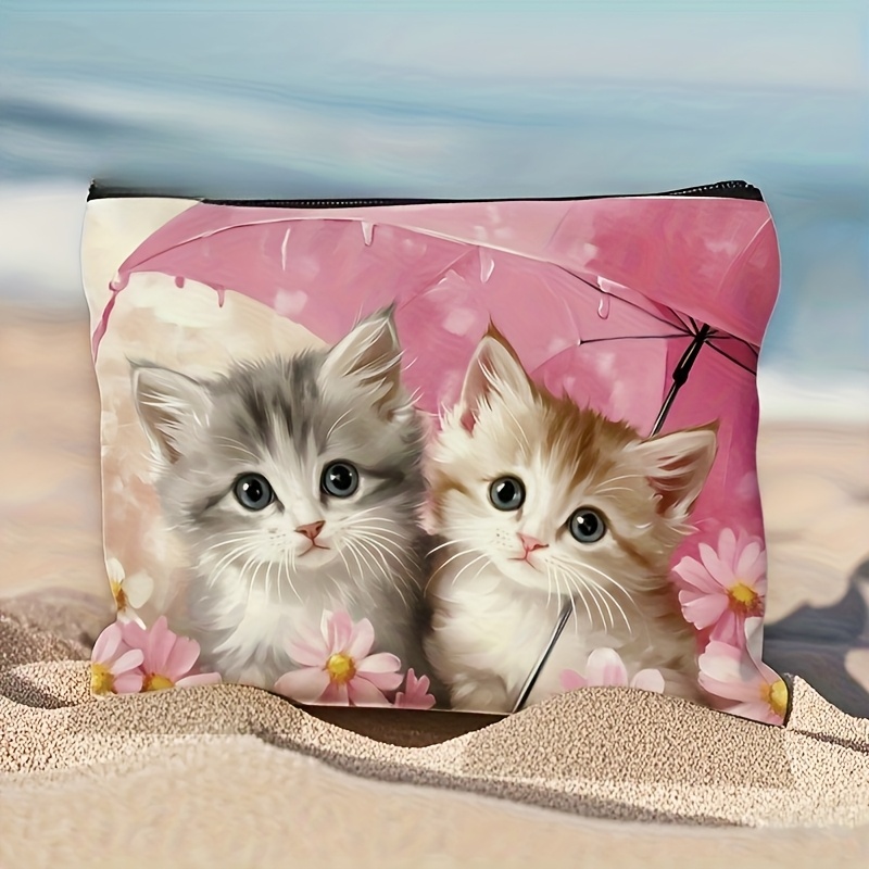 TEMU 1 ud. Neceser de maquillaje moderno y para mujer con estampado de gato adorable, bolsa de cosméticos de tela de estilo , cara, con adorables