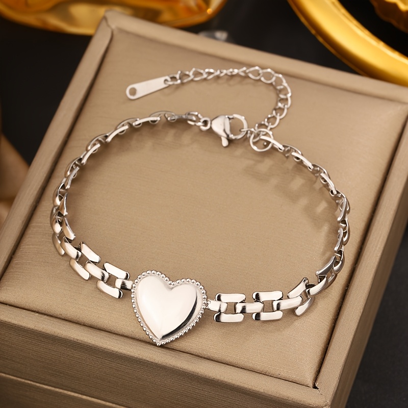 TEMU Bracelet en Acier Inoxydable avec un Design de Cœur Élégant et Bordure Pressée, Parfait , Accessoire et pour Tous , Idéal pour la Saint-Valentin