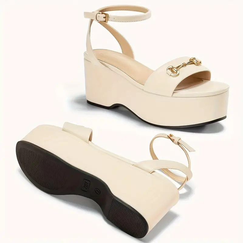womens platform sandals chunky platform wedge heels beige open toe ankle strap with metal closure non slip pu sole machine washable synthetic cover dress shoes for parties weddings everyday outfits wedding guest shoes modern fashion shoes durable footwear party shoes able heels summer wardrobe Product details 0