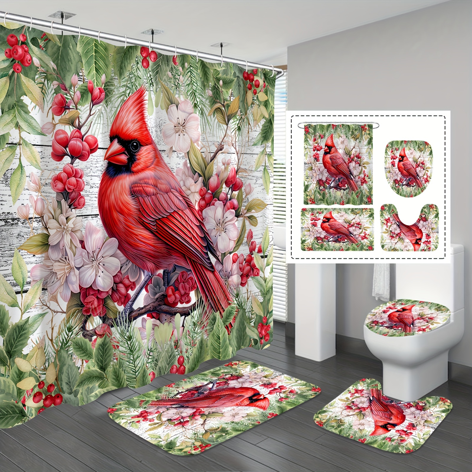 

1/4pcs Red Shower Curtain Set, Botanical Flower Bathroom Sets With Shower Curtain And Rugs, Waterproof Polyester Fabric Shower Curtain Bathroom Decor With 12 Hooks