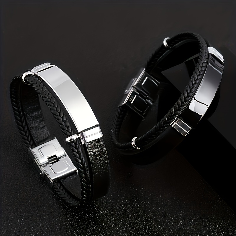 

Customizable Men' Steel Bracelet, Leather Band, Unique Holiday Gift, , Valentine's Present, Funky Style, 10-word Limit Per Line