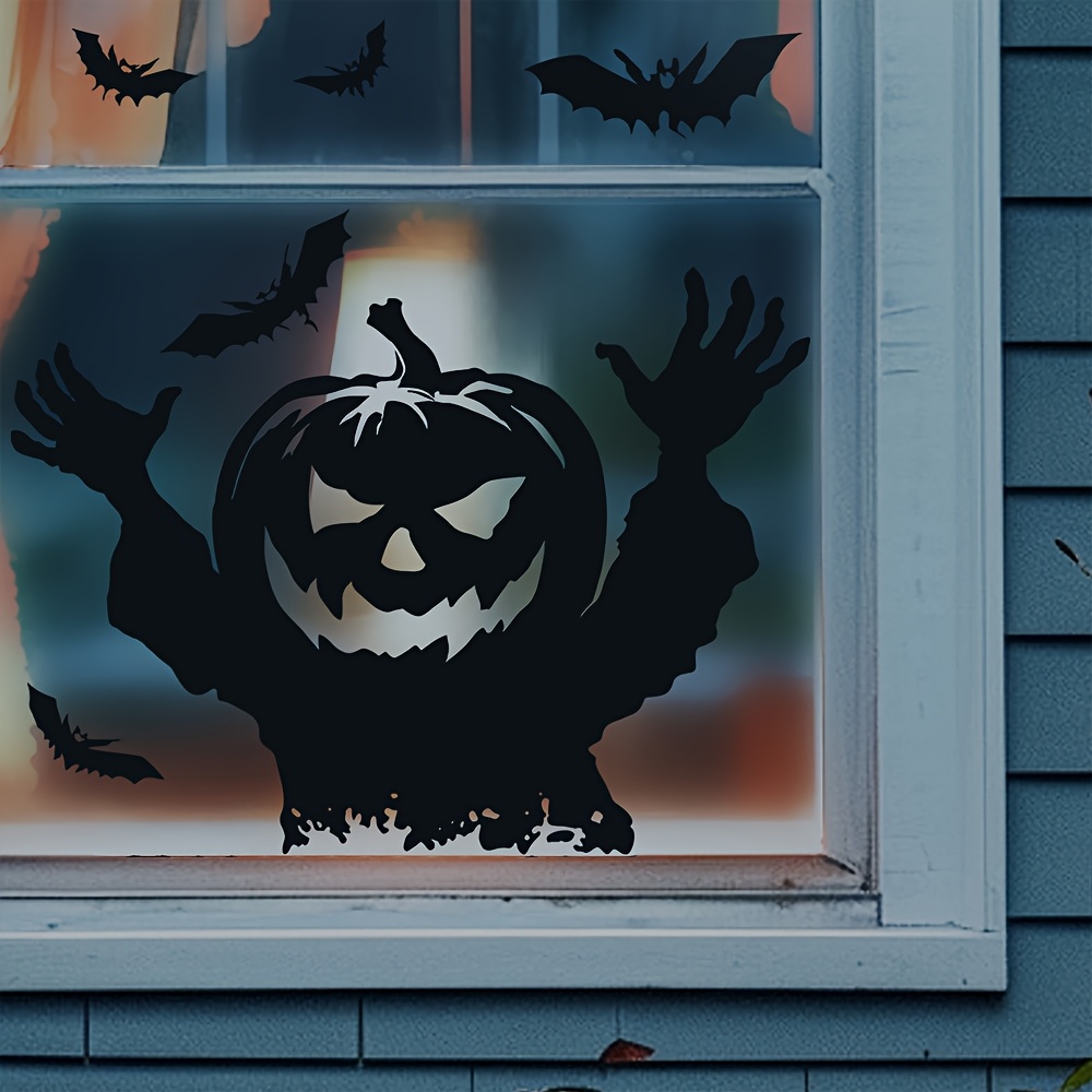 Image of Decorative Window Stickers For Halloween Featuring Pumpkins - Removable Self-adhesive Decals With Bat And Pumpkin Are Perfect For Home Decoration, Halloween Parties, And A Spooky Ambiance