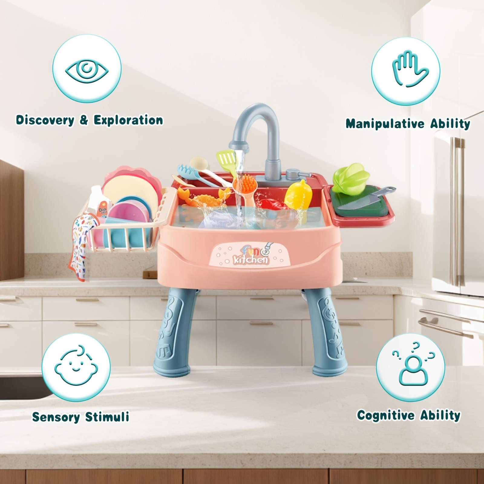 TEMU Play Kitchen Sink Toys, Dishwasher Playing Toy With Running Water, Play Food & Tableware Accessories, Kitchen Set Toys, Role Play Sink Set For