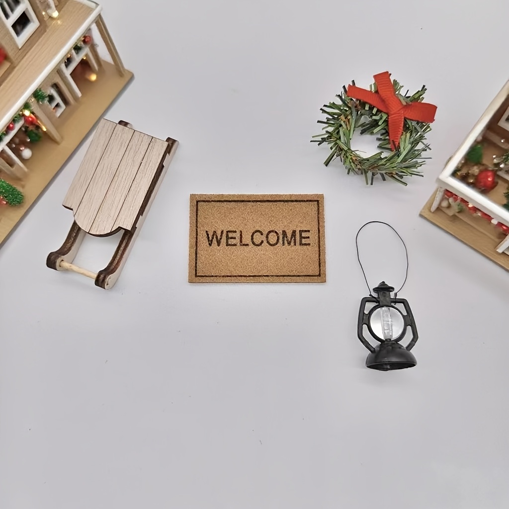 Image of A Set Of Toy House Decorations, Mini Dollhouse Additions Including A Sled, Carpet, Small Wreath, And Oil Lamp, Suitable For Christmas Dollhouse Decor And Miniature Scene Arrangement