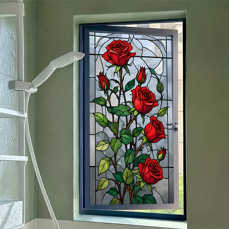 

1pc Style Red Rose Pattern Static Cling Window Film, 6mil Thick Pvc Frosted Privacy No-glue Decorative Window Sticker For Bathroom, Bedroom, Living Room, Kitchen, Home Decor