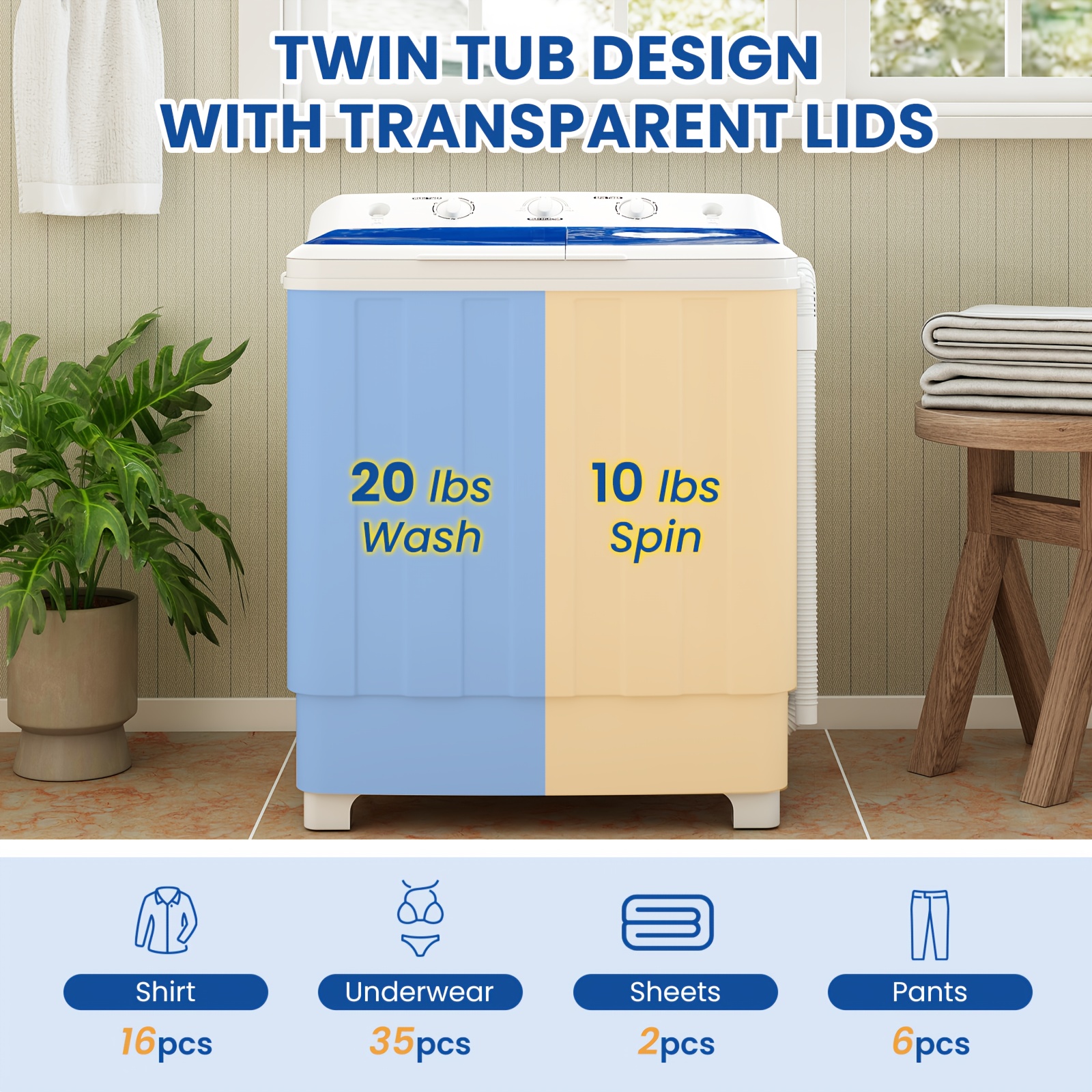 30Lbs Portable Washing Machine, Semi-automatic Compact Twin Tub Laundry Washer with Built-in Drain Pump, Time Control, 20Lbs Washer And 10Lbs Spin Dryer Combo for Apartments, Dorms, RVs
