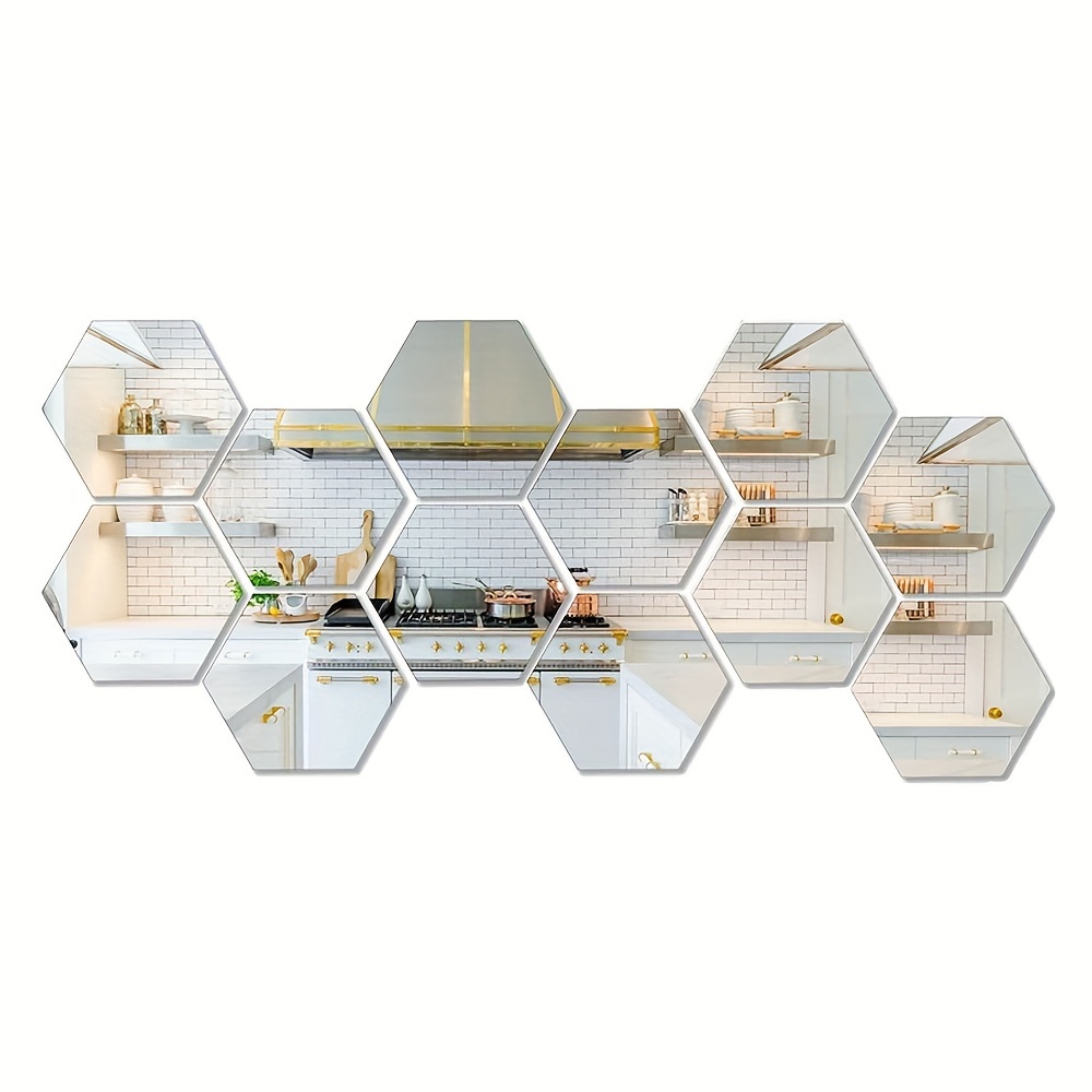 TEMU 12pcs/set Silvery Acrylic Mirror Wall Stickers, Hexagonal Mirrors, Diy Removable 3d Geometric Hexagon Mirror Art Kits, Wall Decor For Bedroom Living Room Office Kitchen, Classic Style