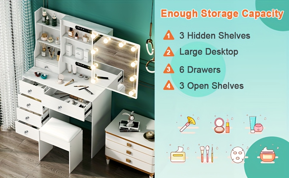 modern white solid wood dressing table with drawers lighting     lighting   large capacity multifunctional durable   table suitable for women   room decoration local warehouse Product details 0