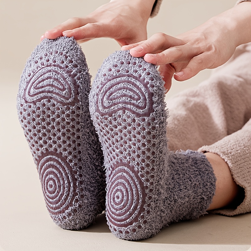 TEMU Chaussettes de sol épaisse en molleton pour hommes, couleur unie, antidérapantes, , chaudes et non pelucheuses