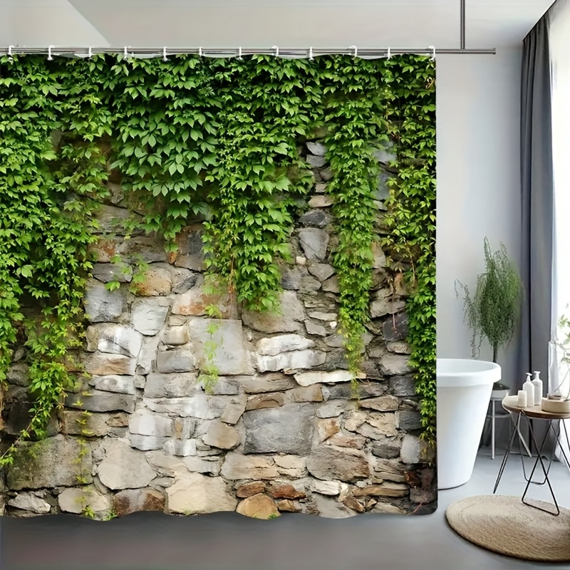 TEMU ï¼2dï¼1pc Natural Rustic Style Shower Curtain With Stone Wall And Green Vine Pattern, Washable Polyester Material, Includes Hooks - Perfect For