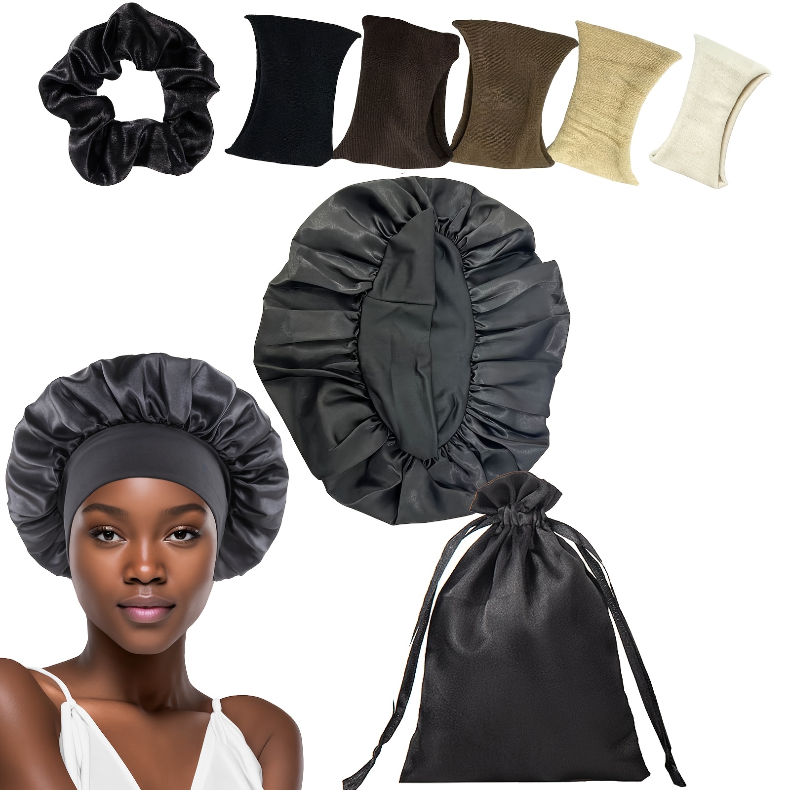E-shop 8-teiliges Set Damen-Satin-Haarnetze mit breiten elastischen Bändern, geeignet für lockiges glattes Haar, verwendbar als Duschhauben