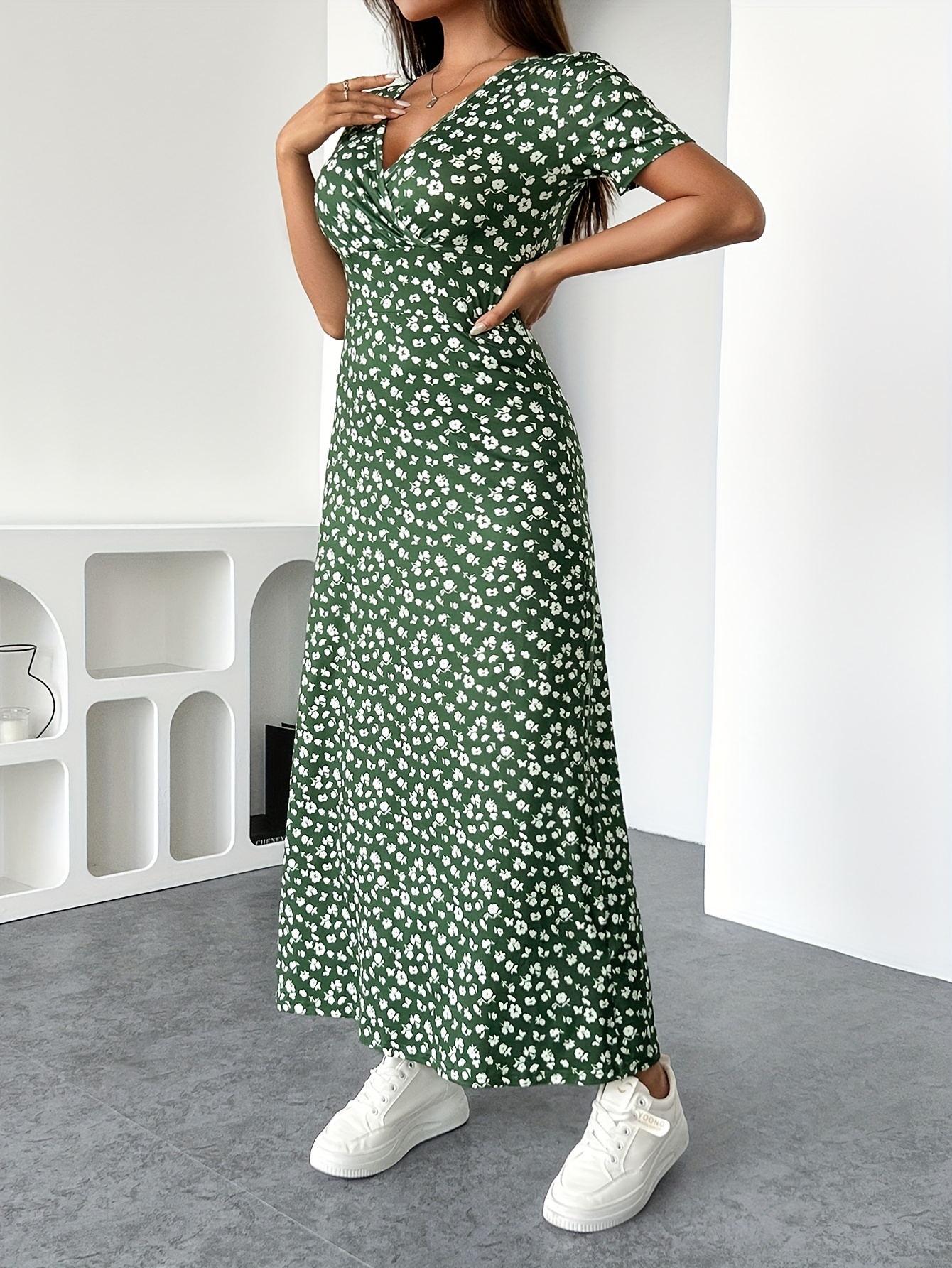 womens elegant v neck floral print dress high   loose fit with chest ruching machine washable spring summer casual to evening dress for dates   evening wear date night outfit nontransparent material stretchy fabric green 0