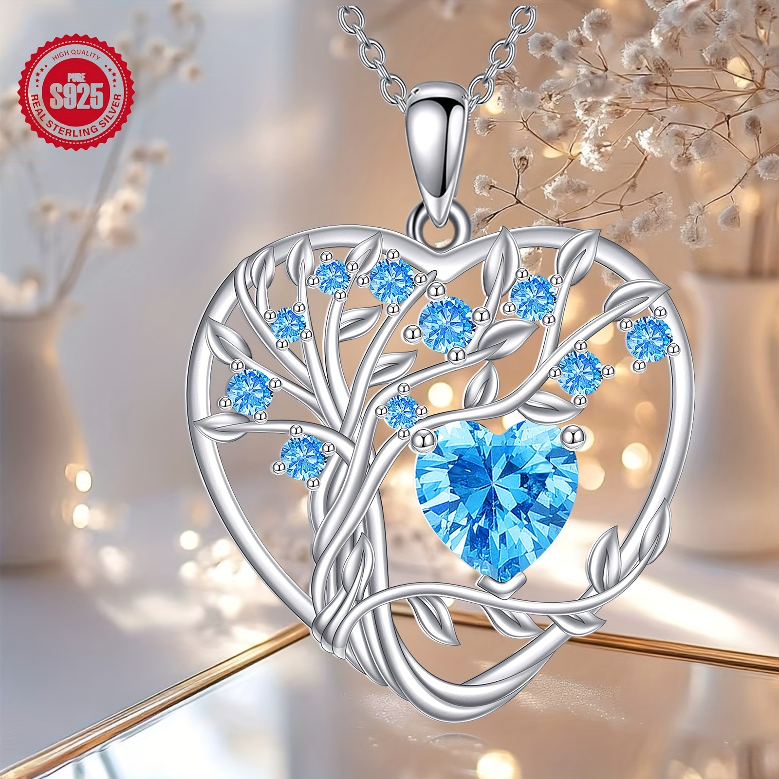 Image of Tree Of Life Necklace Sterling Silvery Light Blue Birthstone Pendant Heart Jewellery December Birthday Gifts For Women