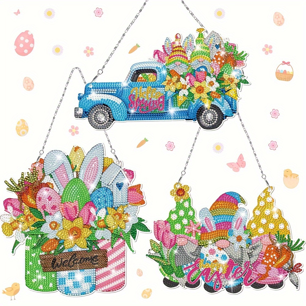 

A Set Of 3 Easter Car Floral Diamond Painting Kits, Acrylic Irregular Shaped Diamonds, Spring Themed Mosaic Art, Home Decor With Hanging Decorations, Particularly Meaningful Diy Handmade Gifts