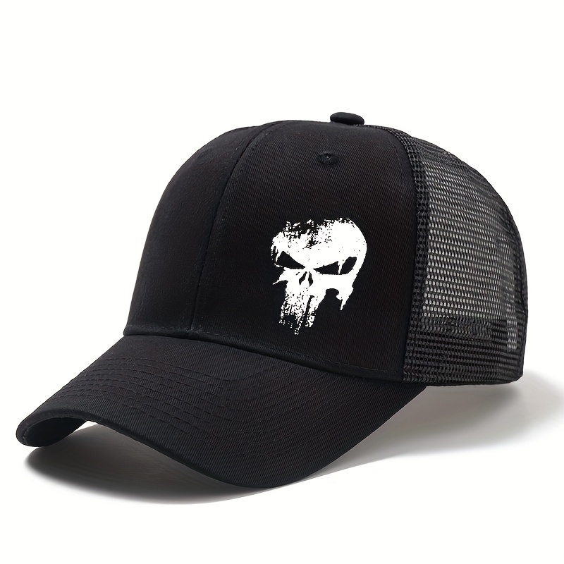 E-shop Unisex Baseball Cap mit Totenkopf-Print, verstellbare Größe, atmungsaktive Outdoor-Mesh-Kappe mit gebogener Krempe, Trucker Cap, geeignet für