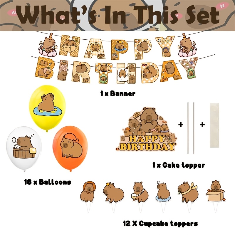 Capybara Birthday Party Decorations Kit - Banner, Cake Topper, Cupcake Toppers & Balloons | Yellow, Orange, White Theme