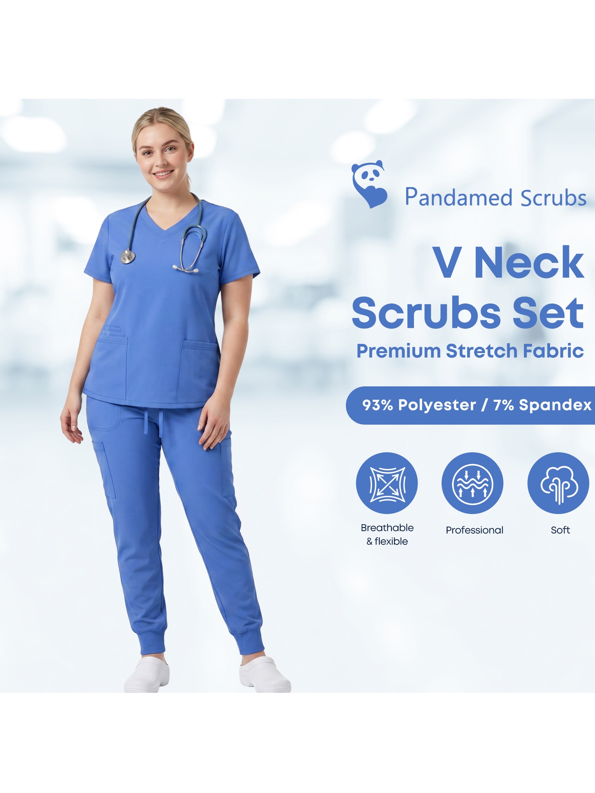 Plus Size - Women'S V-Neck Solid Color Stretch Scrub Set, Multi-Pocket Work Top, Moisture-Wicking Drawstring Ankle Pants, Uniform for Beauty Salon & Dental Clinic - JYC307P.