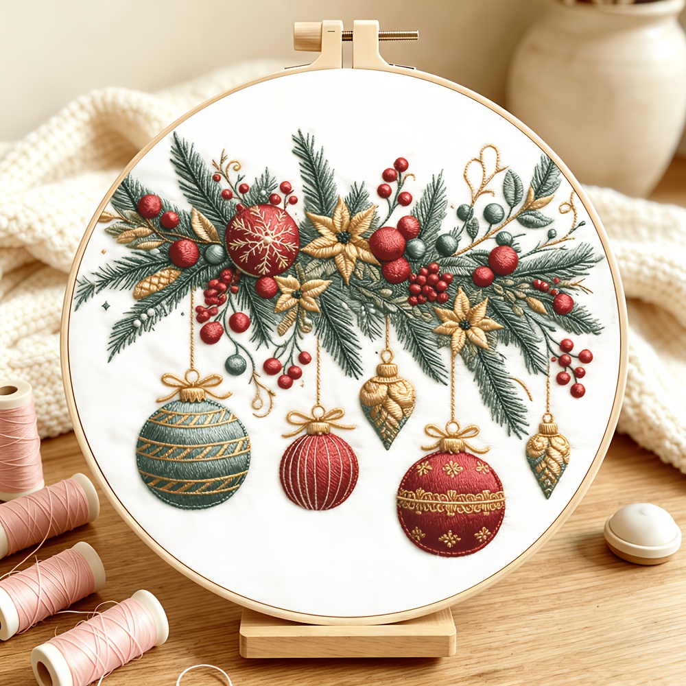 TEMU Complete Diy Christmas Embroidery Kit Suitable For Holiday Crafts With Hoop, Fabric, Needles & Thread - Vintage Pine Berries, Snowflake