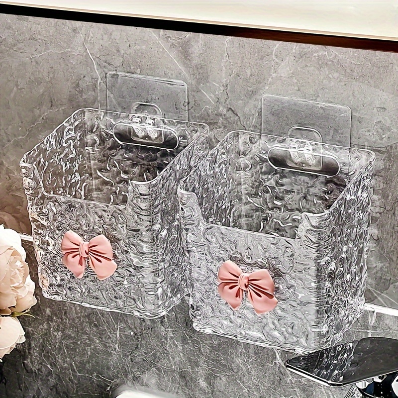 

1pc Acrylic Bathroom Organizer, Transparent Plastic Wall-mounted Cosmetic Storage Rack With Pink Bow Detail, Space-saving Accessory For Home Organization