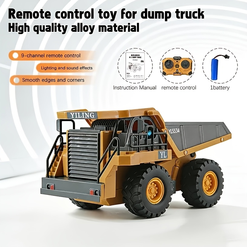 TEMU Camion-benne jouet 2,4 GHz - Véhicule de électrique rechargeable avec et simulés, pneus tout-terrain pour enfants