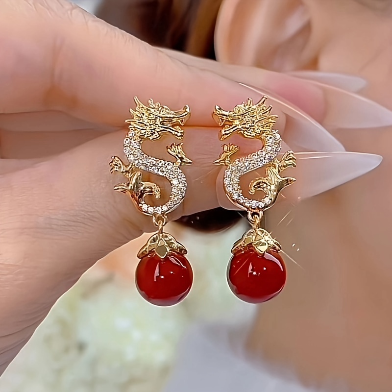 

1 Pair Of Drop Earrings Sparkling Dragon Design Inlaid Rhinestone & Artificial Pearl Pick A Color U Prefer Match Daily Outfits Party Decor