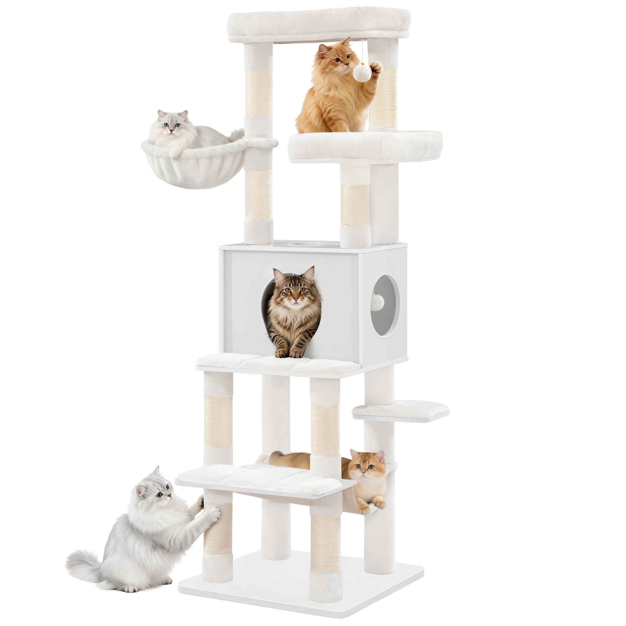 Large Cat Tree, Modern Cat Tree, 166cm Tall, With 8 Scratching Posts, Removable Washable Mat, 1 Cave, 2 Platforms, 1 Basket, Pom-poms