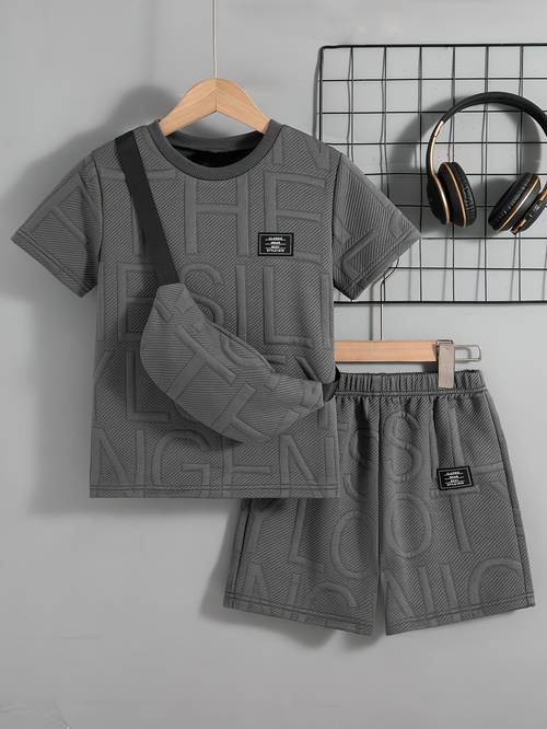boys casual outing solid color chap design regular fit round neck short sleeve t shirt and shorts 2pcs set with hanging bag boys shorts set summer for outdoor