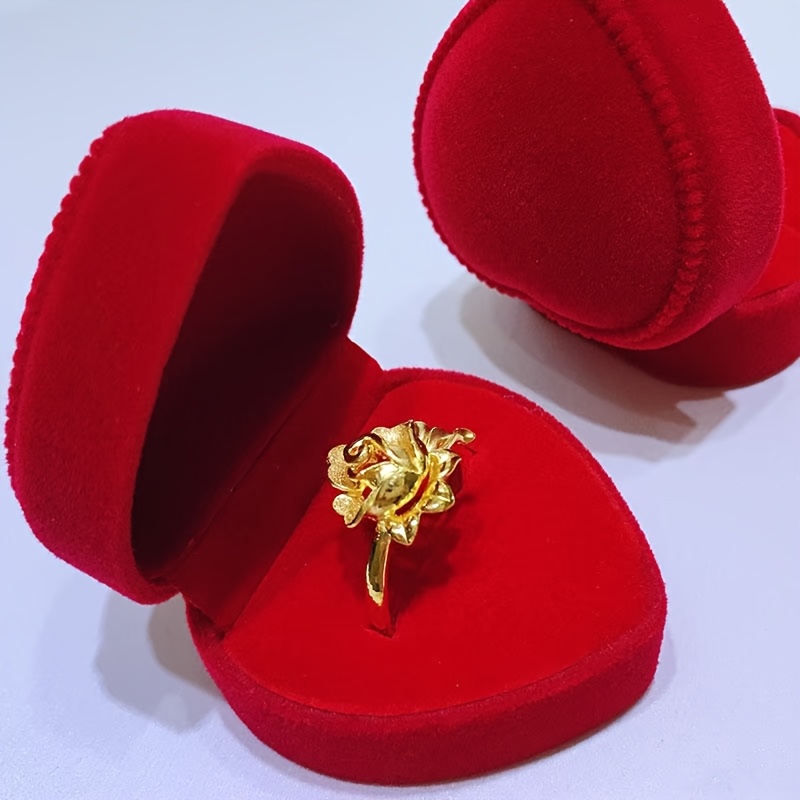 

1pc Elegant Red Heart-shaped Velvet Jewelry Box With Golden Holder - For Rings & Earrings, Soft Fabric Interior, Gift Packaging, Jewelry Gift Box, Jewelry Boxes