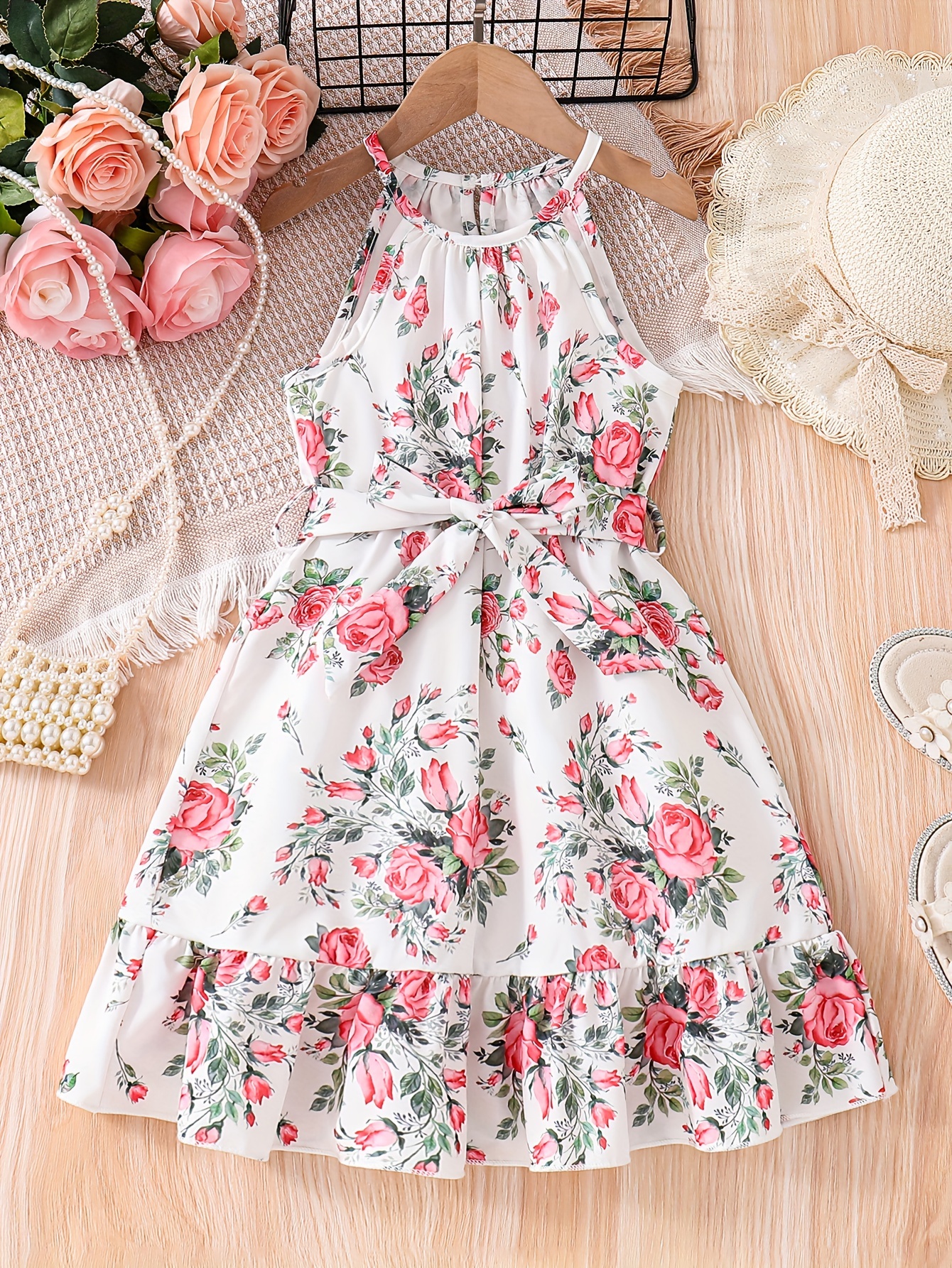 girls summer   print halter sleeveless     hem belted waist casual vacation dress bust measurement expanded