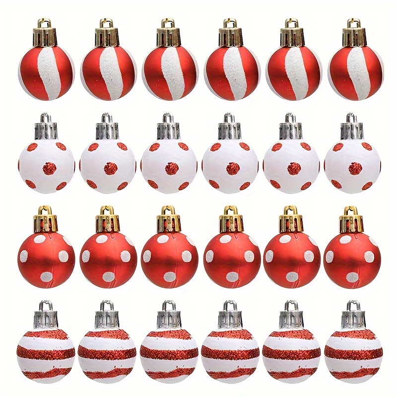 

24-pack Mini Christmas Ornaments, 1.18-inch Plastic Painted Baubles In Red & White, Holiday Tree Decorations, Festive Hanging Xmas Tree Accessories With Glitter Detail