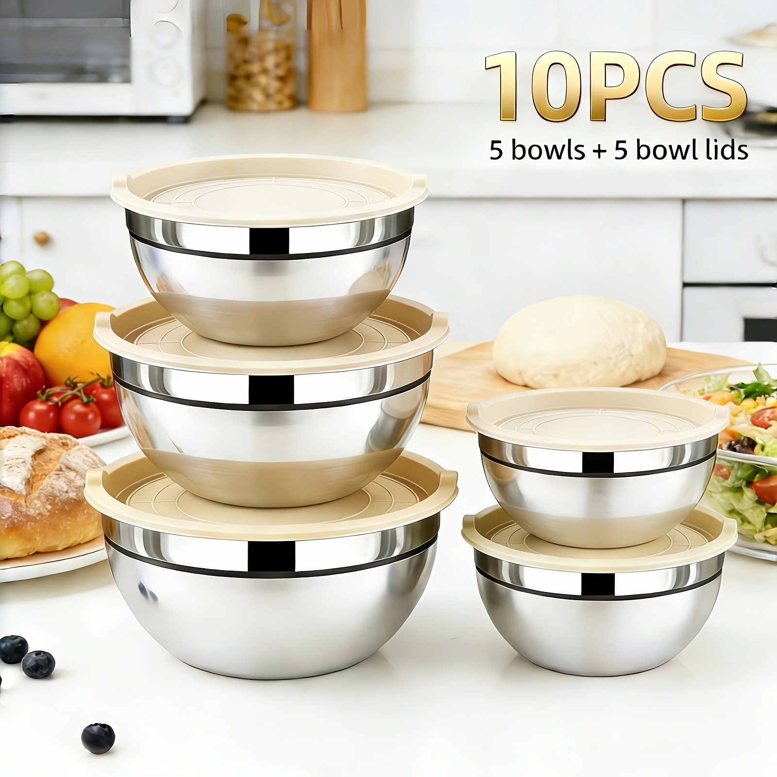 TEMU 22pcs Set Of 10 Premium Stainless Steel Salad Bowls With Lids, Upgraded Non-slip Bowl Stands, Stackable Salad Bowl Set, Dishwasher Safe, 5l,