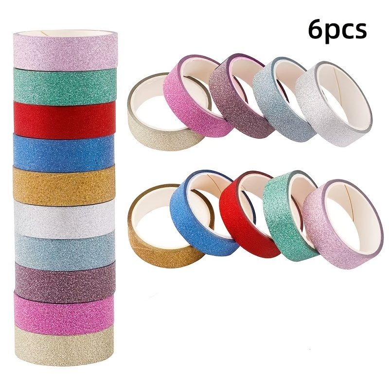 Image of 6pcs Random Color Glitter Paper Washi Tapes, Fine Colored Decorative Tapes, For Craft Supplies, Gift Wrapping, Scrapbooking, Journals, Planners Paper Tapes, Suitable For Journal Scrapbooking Tapes