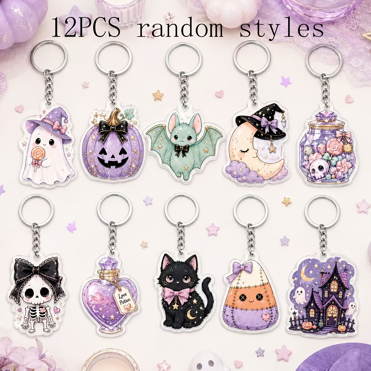 TEMU 2d Flat - 12pcs 2d Flat Pastel Gothic Halloween Key Chains Cute Bat Pumpkin Haunted House Acrylic Keytag Spooky Purple Starry Pattern Keyring