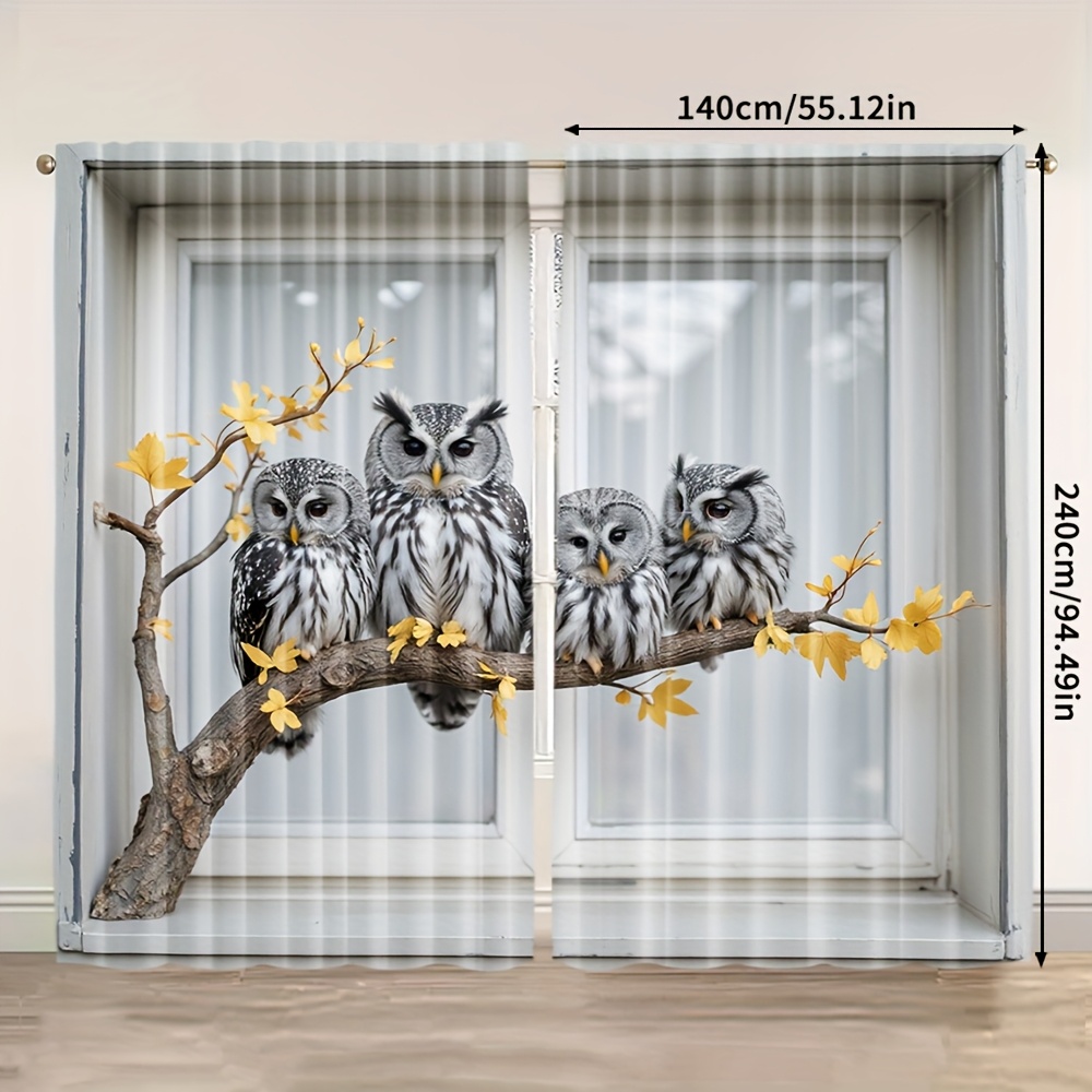 TEMU 2pcs Owl Print Curtains - Contemporary Art , Extra Large Polyester Fabric With Rod For Living Room & Study Decor (without Rod), Light Filtering