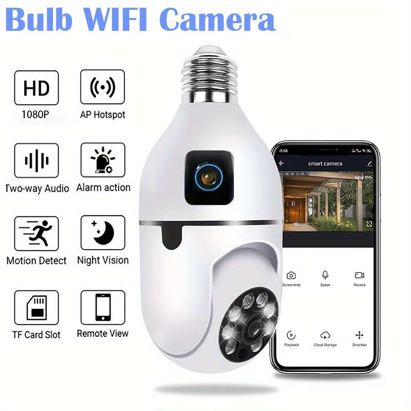 1PC 355° Panoramic WiFi Security Camera with Dual Cameras, E27 Smart Motion Detection, Two-Way Audio, 1080p HD Display, Round Shape, Hardwired, Compatible with Smartphones, for Home, Office, School, Shop - No Battery Required details 0