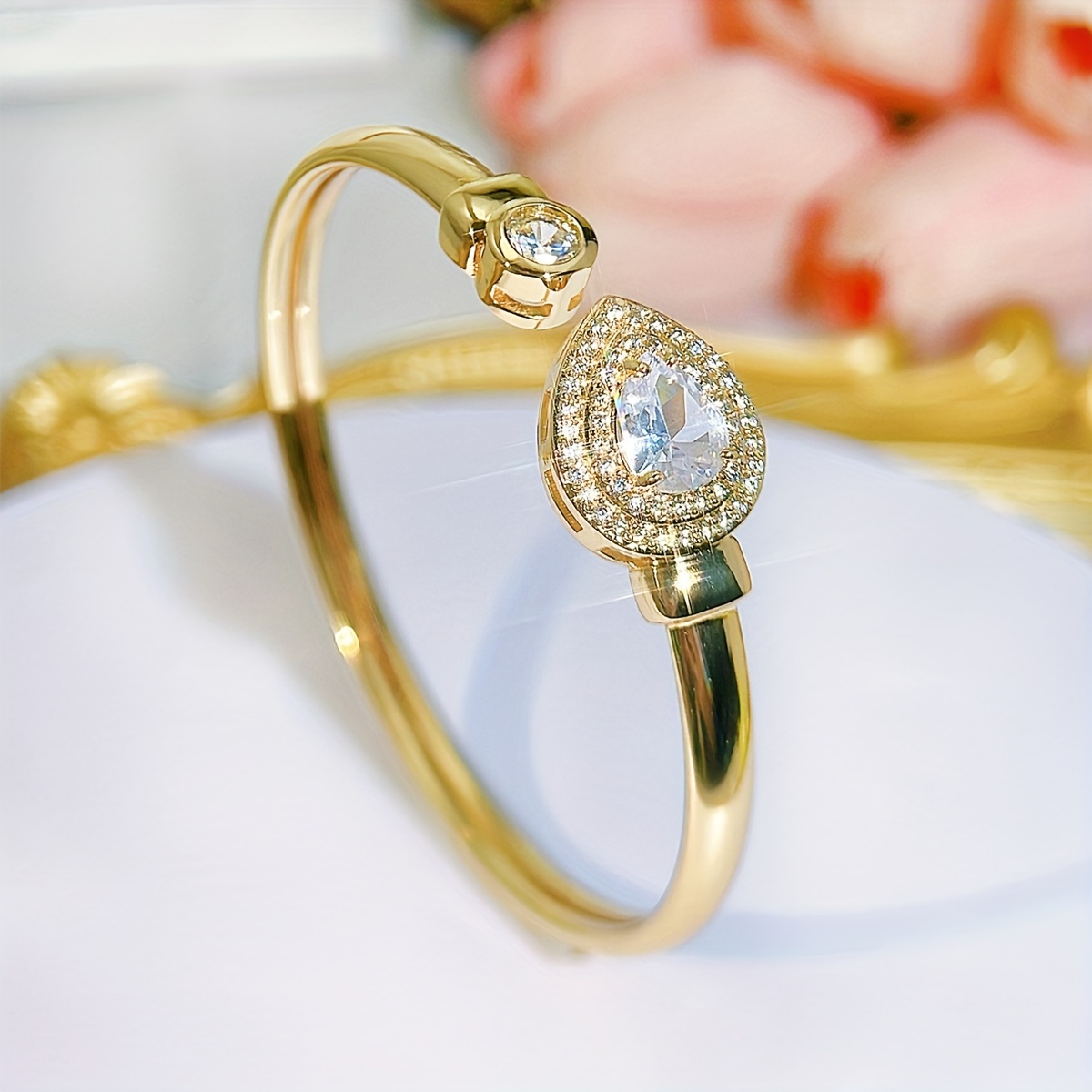 Heart CZ Bangle Adjustable Golden Plated