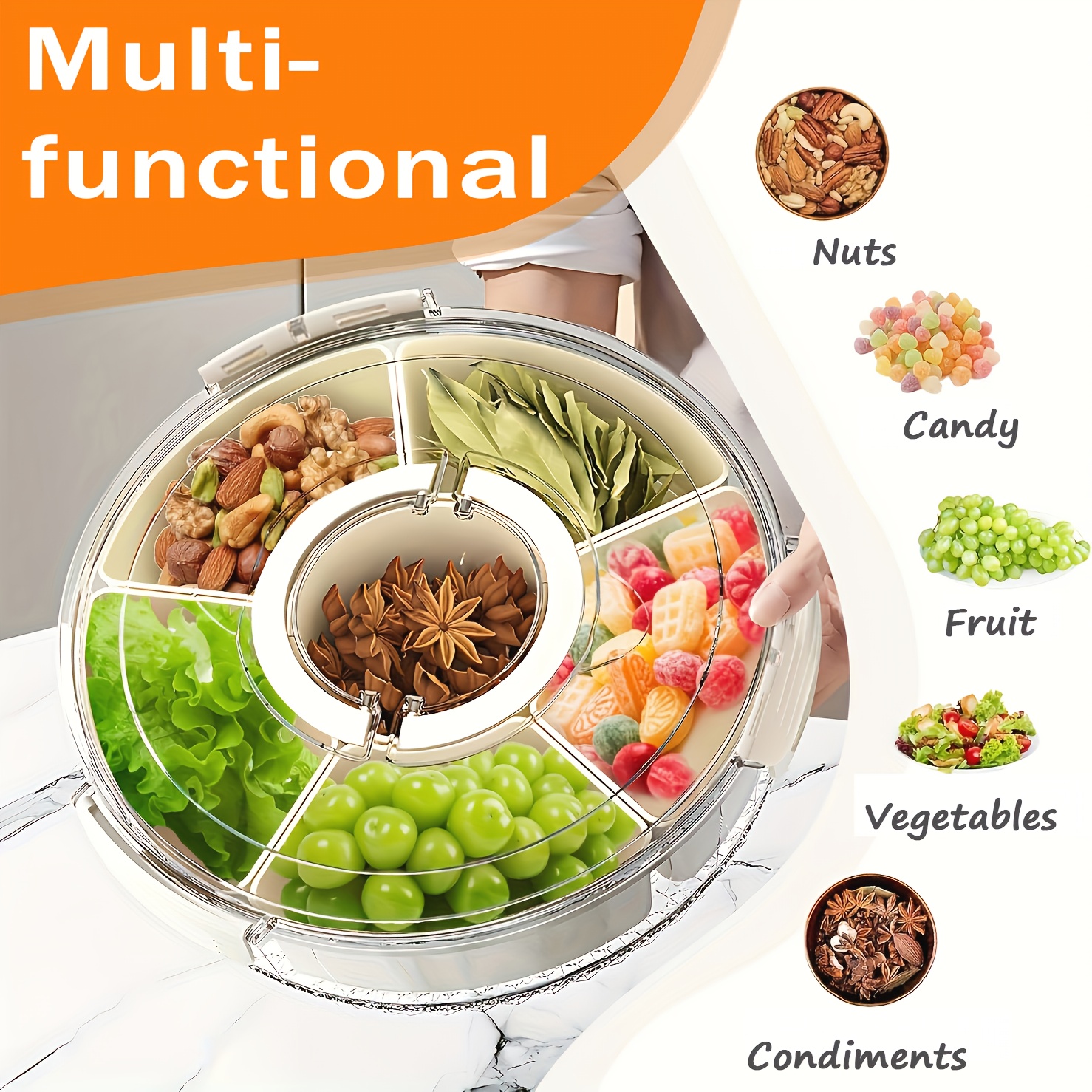 1pc HOOFUN Rotating Kitchen Storage Container with Lid - Durable Plastic, Reusable, Round Shape, Flip-Top Closure, Ideal for Fruits, Vegetables, and Snacks, Kitchen Organization | Modern Kitchenware | Durable Plastic Container, Kitchen Storage Containers