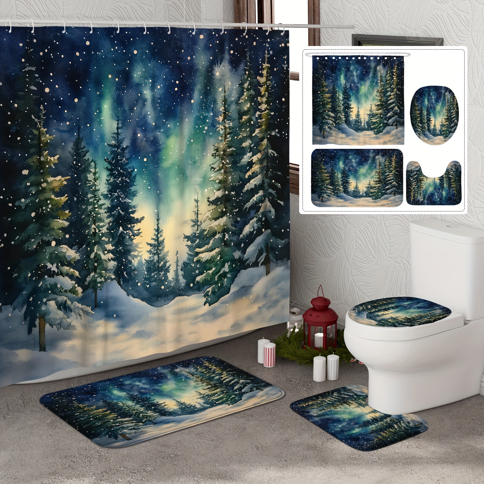 

/4pcs Christmas Christmas Tree Sence Curtain Set Polyester Curtain For Bathroom Or Decor 12 Bath Mat Lid Mat