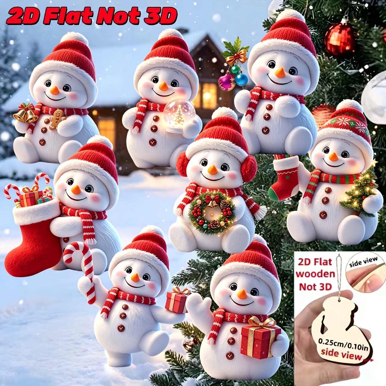 TEMU 2d Flat, 2d Flat - Set Of 8 Cute Christmas Wooden Snowman Ornaments In Various Festive Outfits - 2d Flat, Not 3d | , Made Of Wood | Suitable For