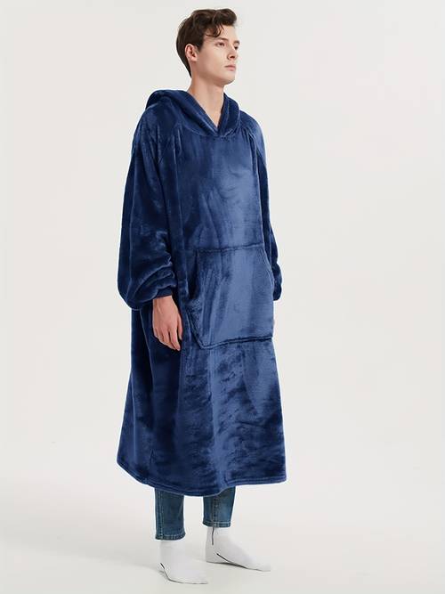 unisex oversized flannel robe set casual polyester hooded thermal pajamas with pocket long sleeve solid color knit fabric loose season wear