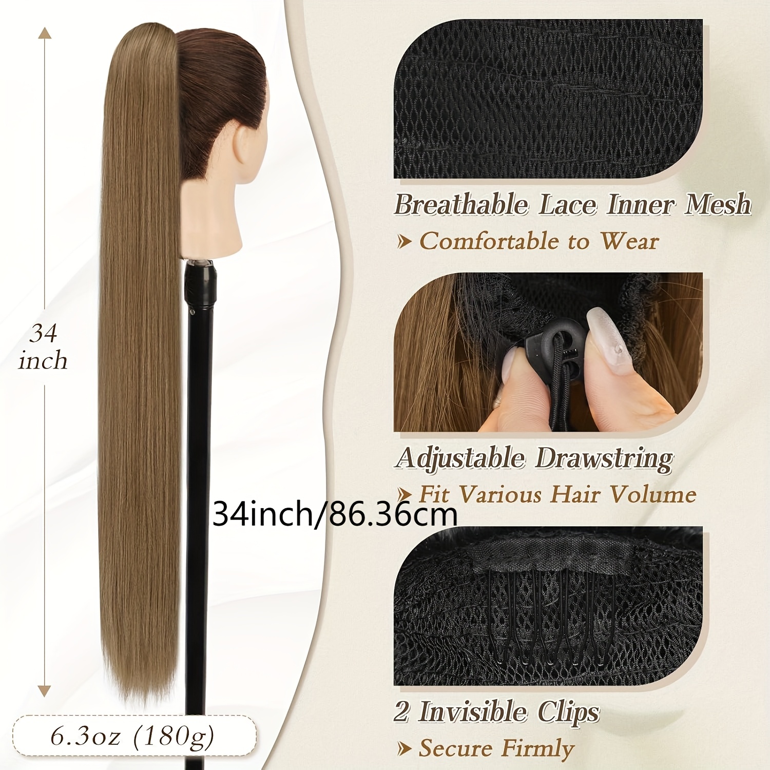   brown ponytail extension 34 inch long straight drawstring ponytail hair extensions synthetic clip in pony tails hairpieces   straight ponytail for women girls daily details 3