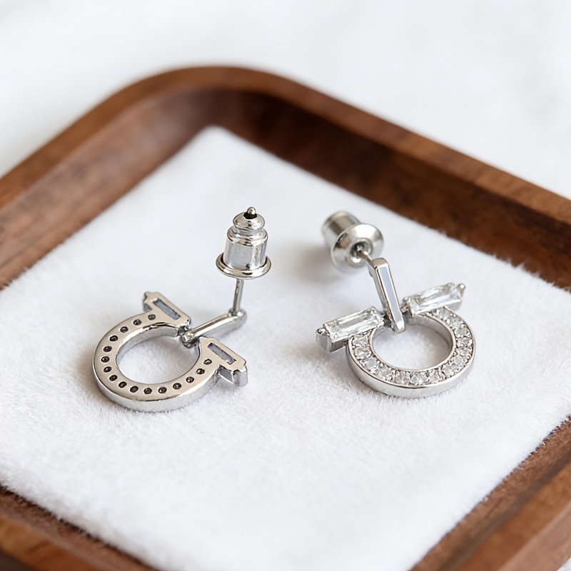 TEMU 1 Pair, Unique Π-shaped Design With Sparkling Synthetic Zirconia, High-quality Copper With Sparkling Synthetic Zirconia Inlay. New Style