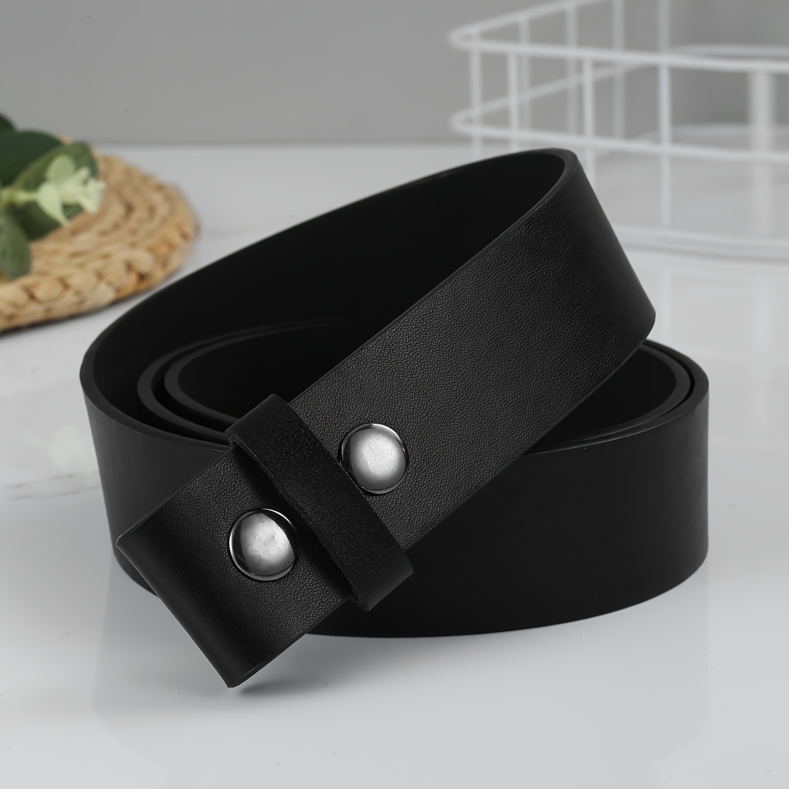 

Hfl·kangaroo Unisex Simple Style Black Pu Belt - No Buckle Versatile Fashion Accessory For Custom Buckle Pairing