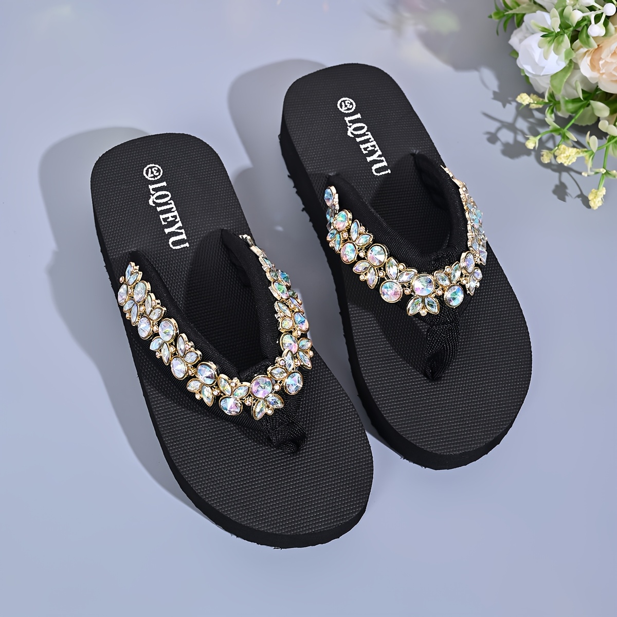 TEMU Women's Summer Size Flip-flops With Rhinestone Chain Decoration, Comfortable Slip-on Toe Post Flat Beach Slippers, Suitable For Weddings,