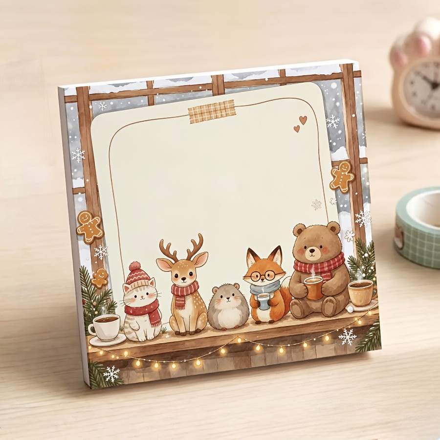 TEMU Non-sticky Cozy Winter Animal Memo Pad (50 Sheets), Watercolor Fox Bear Blank Notepad, Non-adhesive Tear-off Scratch Pad For School, Office And