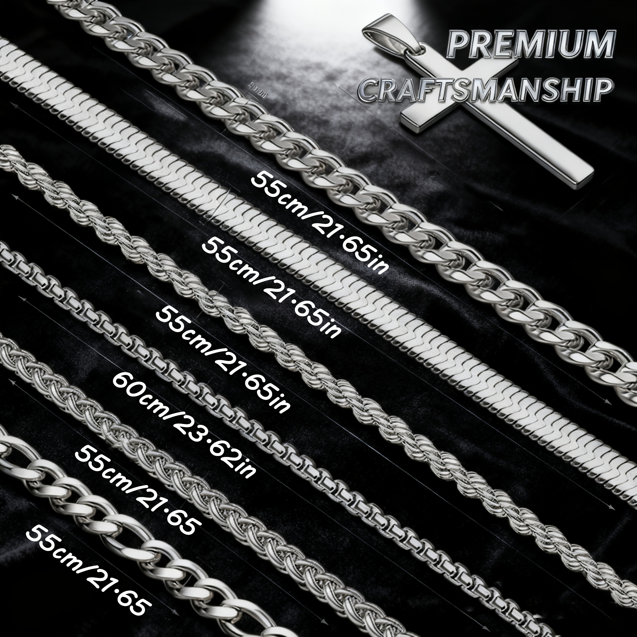 Image of 6pcs Set Of Silvery Stainless Steel Cross Chain For Men And Women, Cuban Chain, Chain, Snake Chain, Box Chain, Cross Pendant Necklace, Suitable For Occasions And Festivals